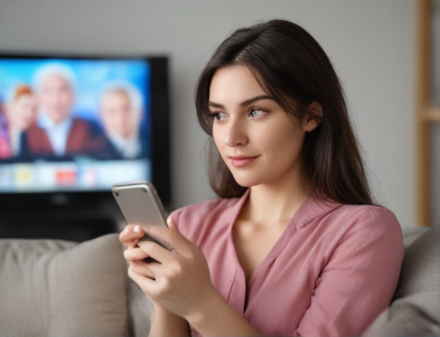 A woman holding a smartphone while watching TV.