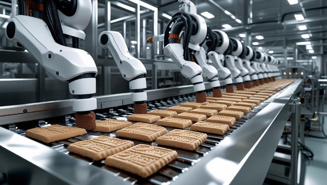 Robotic arms package chocolate biscuits on conveyor belt inside modern automated food factory.